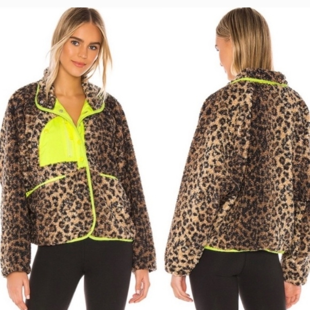 FP Movement by Free People Queen Of  Leopard Print Teddy Fleece Neon Jacket